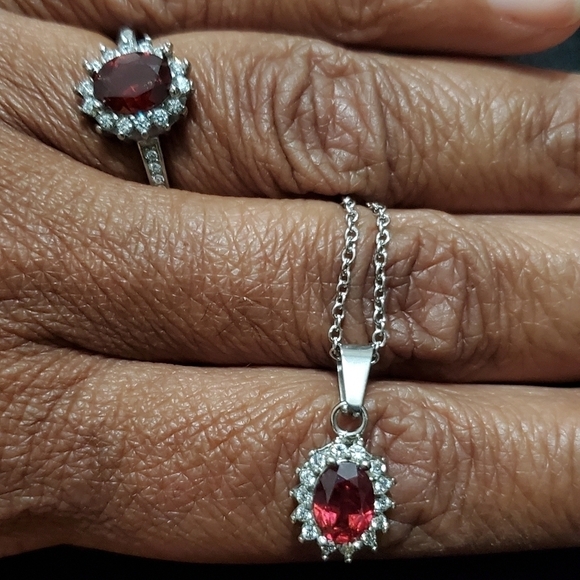 Genuine Red Garnet and White Zircon Necklace and Ring Set in Stainless Steel - Picture 8 of 8
